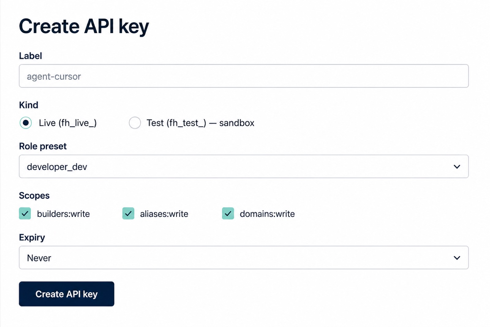 Fat Heron create API key form with live and test kinds